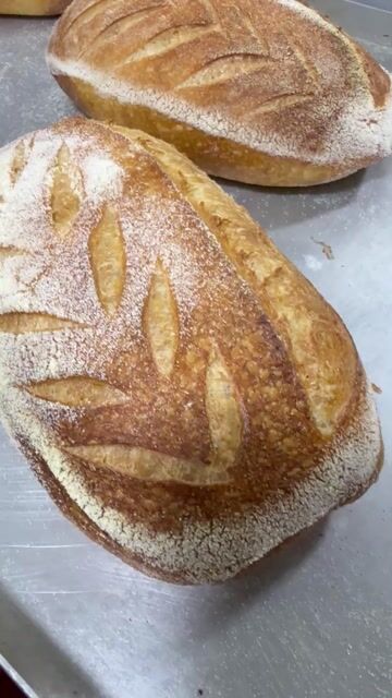 Freshly baked artisan bread loaf on a tray